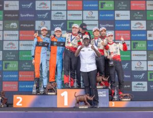 President William Ruto celebrates with winners of the 2026 WRC Safari Rally, in Naivasha on March 15, 2026