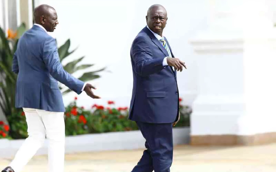 President William Ruto (left) speaks to his Former Deputy Rigathi Gachagua