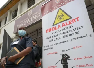 First Group of Ebola Contacts Go home after 21 days in Quarantine Ebola awareness banner Outside The Nairobi Hospital, One of Kenya's Ebola treatment facilities.
